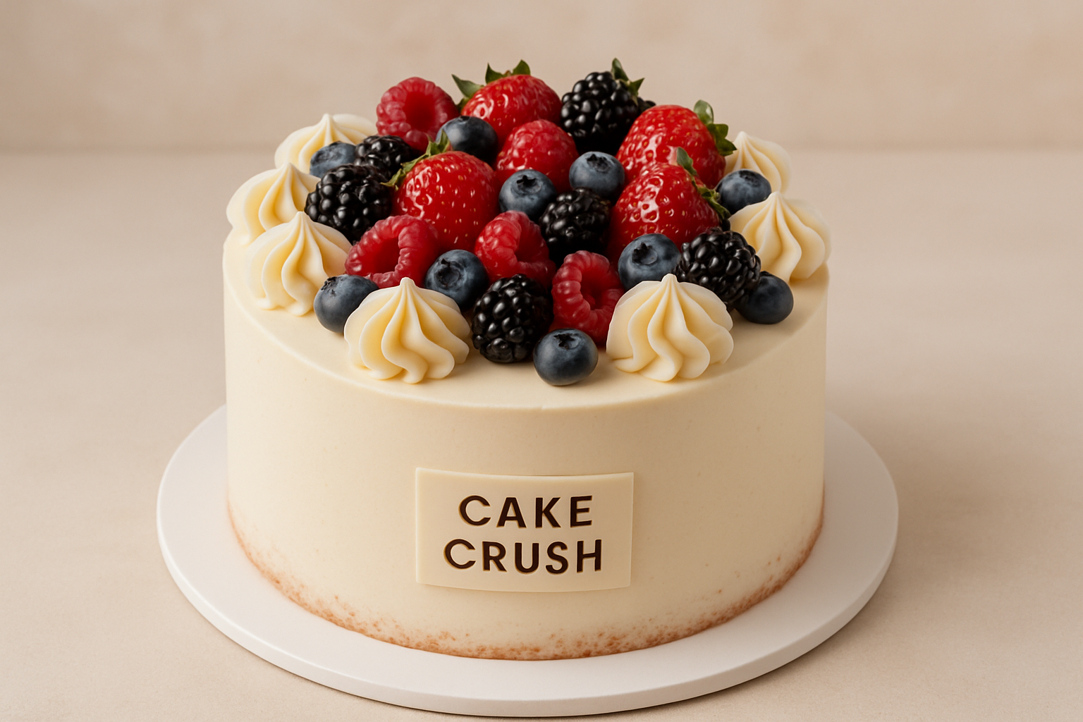 A beautifully decorated signature cake from Cake Crush, topped with fresh berries and delicate swirls of cream.