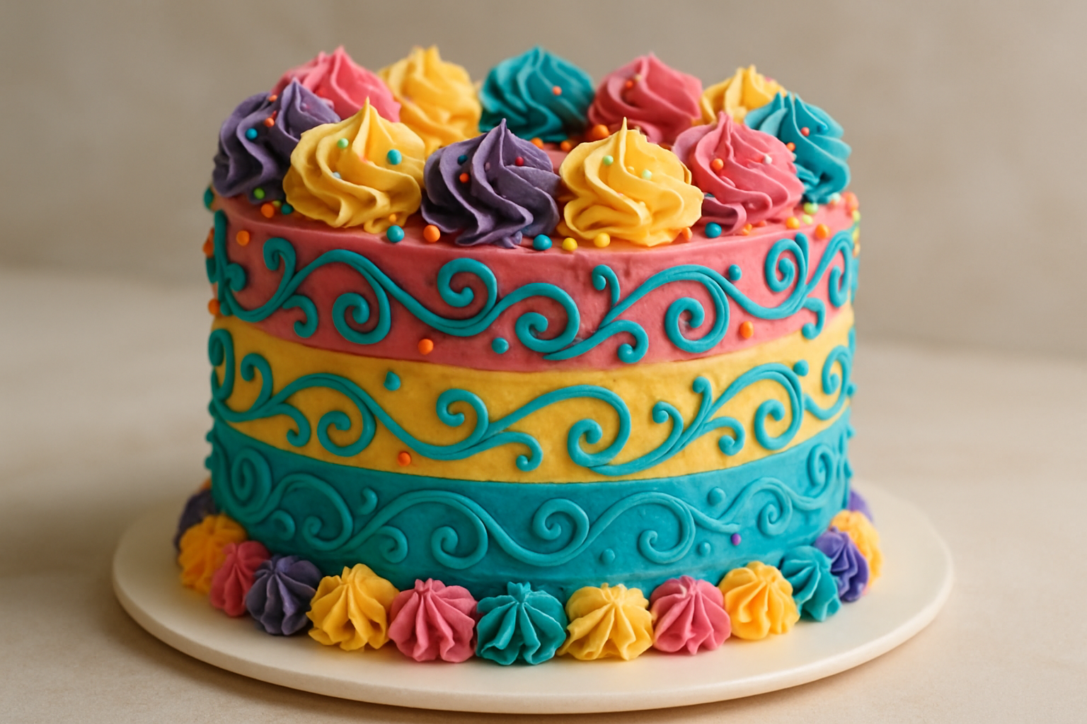 A beautifully decorated cake with colorful layers and intricate designs.