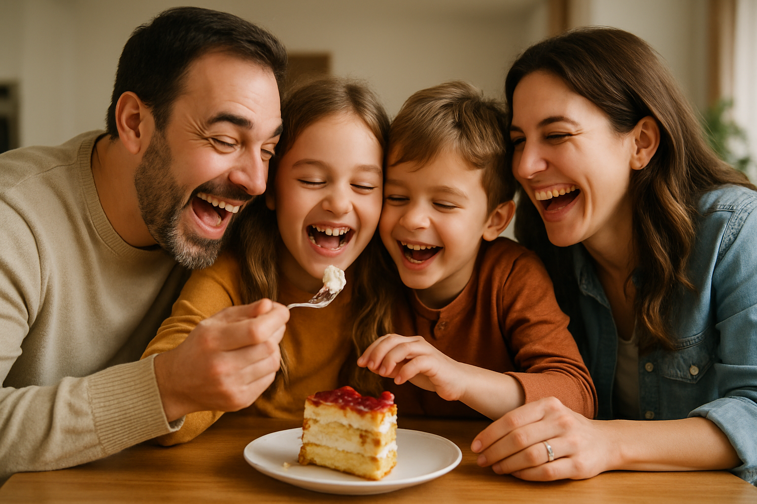 A family sharing a slice of cake, laughing and enjoying together.