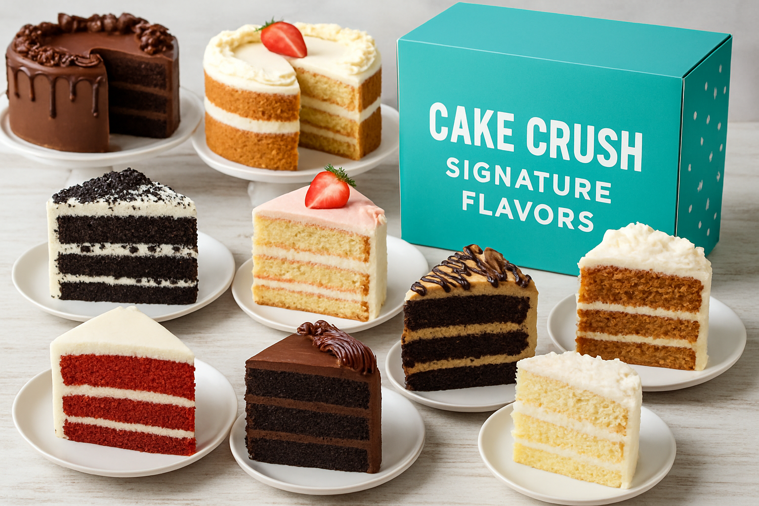 A table spread with assorted Cake Crush signature flavors and slices.